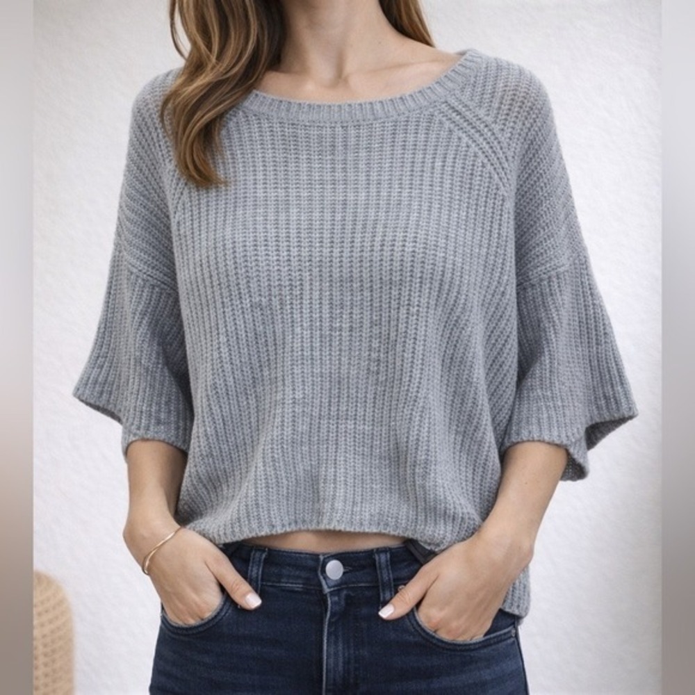 Free People Grey Ribbed Knit Cropped Short Sleeve Boxy Sweater Cotton Blend XS
